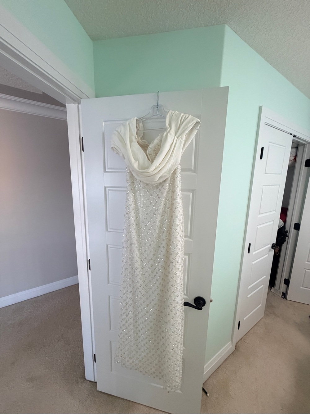 Elegant Cream Beaded Evening Dress with Draped Neckline